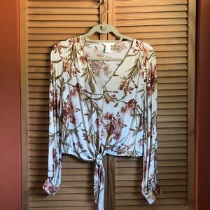 H&M Floral Long Sleeve Tie Front Blouse